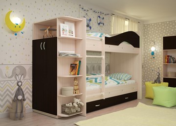 Детская кровать для девочки Мая на щитах со шкафом и ящиками, корпус Млечный дуб, фасад Венге в Перми