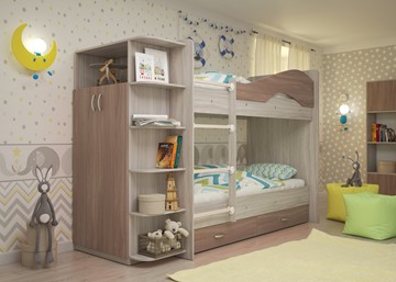 Детская 2-х ярусная кровать Мая на щитах со шкафом и ящиками, корпус Шимо светлый, фасад Шимо темный в Чайковском