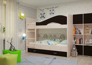 Детская  двухъярусная кровать Мая с 2 ящиками на щитах, корпус Млечный дуб, фасад Венге в Перми - предосмотр 1
