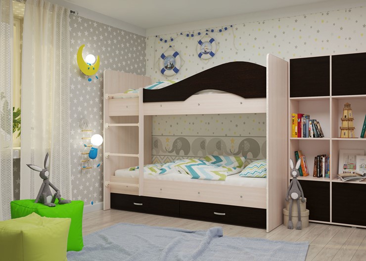 Детская  двухъярусная кровать Мая с 2 ящиками на щитах, корпус Млечный дуб, фасад Венге в Перми - изображение 1