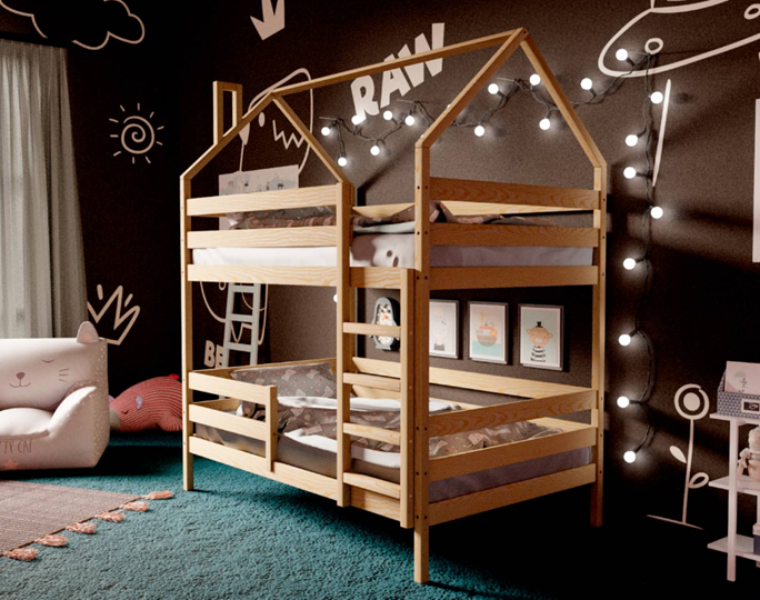Детская 2-ярусная кровать Домик, без покраски в Перми - изображение 1