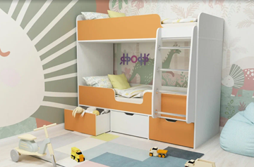 Детская двухъярусная кровать Малыш двойняшка 70х160, корпус Белое дерево, фасад Оранжевый в Березниках