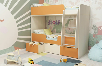 Двухэтажная кровать Малыш двойняшка 70х160, корпус Дуб молочный, фасад Оранжевый в Перми - предосмотр