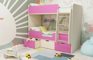 Детская двухъярусная кровать Малыш двойняшка 70х160, корпус Дуб молочный, фасад Розовый в Перми