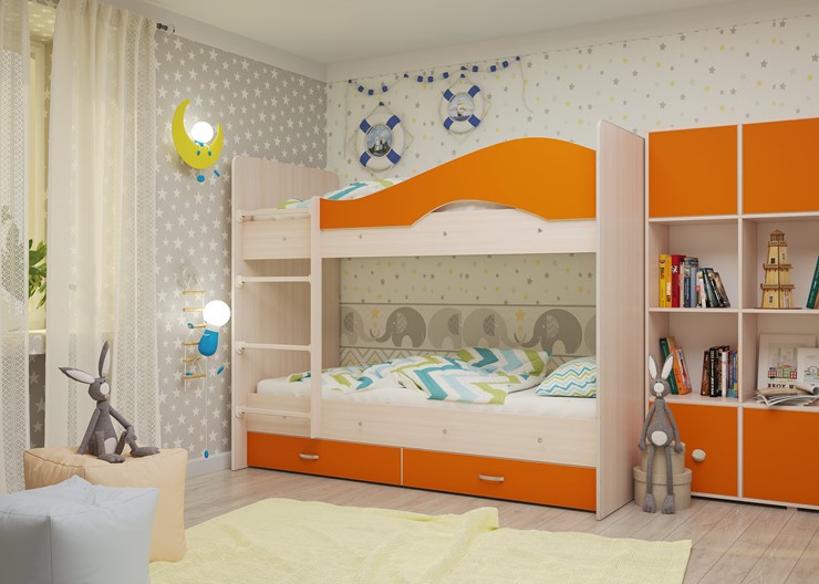 Кровать 2-ярусная Мая на щитах, корпус Млечный дуб, фасад Оранжевый в Перми - изображение 1