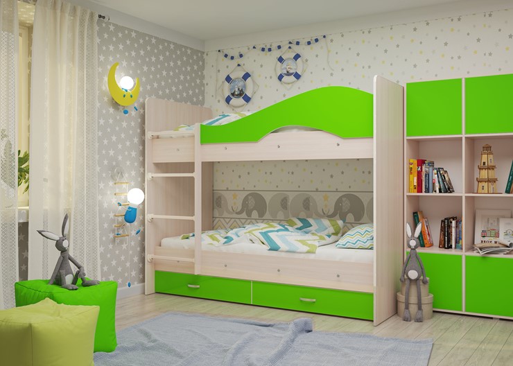 Детская 2-этажная кровать Мая на щитах, корпус Млечный дуб, фасад Салатовый в Перми - изображение 2