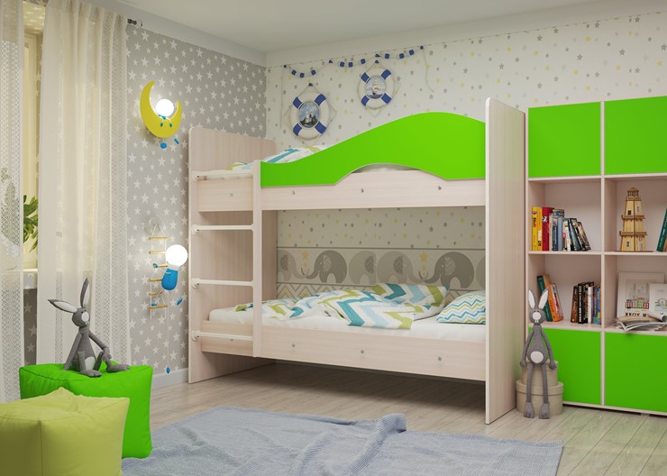 Детская 2-этажная кровать Мая на щитах, корпус Млечный дуб, фасад Салатовый в Перми - изображение 1