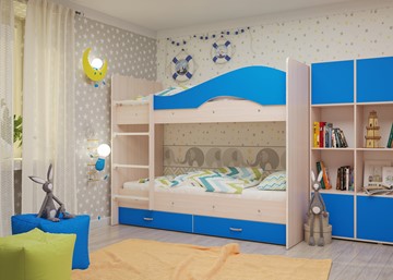 Двухэтажная кровать Мая на щитах со шкафом и ящиками, корпус Млечный дуб, фасад Синий в Перми - предосмотр 2