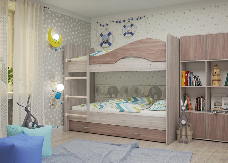 Детская 2-х ярусная кровать Мая на щитах со шкафом и ящиками, корпус Шимо светлый, фасад Шимо темный в Перми - изображение 2