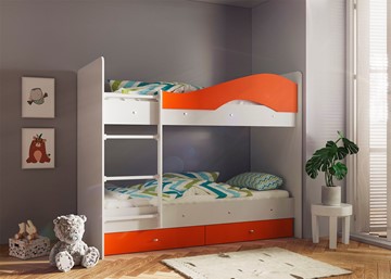 Детская 2-этажная кровать Мая с 2 ящиками на щитах, корпус Млечный дуб, фасад Оранжевый в Чайковском