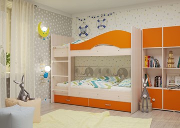 Детская 2-этажная кровать Мая с 2 ящиками на щитах, корпус Млечный дуб, фасад Оранжевый в Чайковском - предосмотр 3