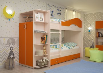 Детская 2-этажная кровать Мая с 2 ящиками на щитах, корпус Млечный дуб, фасад Оранжевый в Перми - предосмотр 1