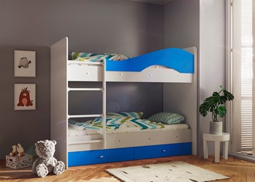 Двухэтажная детская кровать ТМК Мая с 2 ящиками на щитах, корпус Млечный дуб, фасад Синий в Соликамске