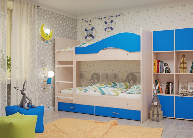 Двухэтажная детская кровать Мая с 2 ящиками на щитах, корпус Млечный дуб, фасад Синий в Кунгуре - изображение 3