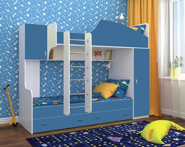 Двухъярусная детская кровать Юниор-2, каркас Белое дерево, фасад Лазурь в Перми - предосмотр