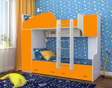 Детская 2-х ярусная кровать Юниор-2, каркас Белое дерево, фасад Оранжевый в Перми - предосмотр