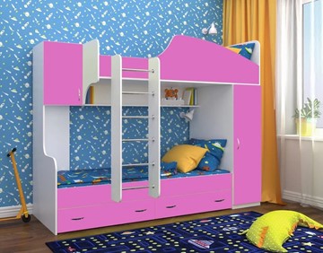 Двухъярусная детская кровать Юниор-2, каркас Белое дерево, фасад Розовый в Кунгуре - предосмотр