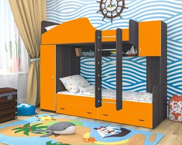 Детская кровать-шкаф Юниор-2, каркас Ясень анкор темный, фасад Оранжевый в Перми