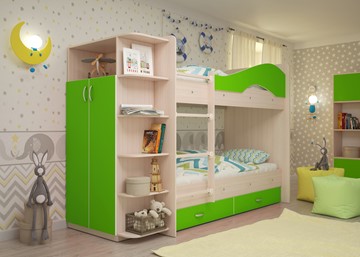 Детская двухэтажная кровать Мая на щитах со шкафом и ящиками, корпус Млечный дуб, фасад Салатовый в Перми - предосмотр