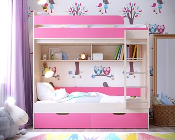 Детская 2-ярусная кровать Юниор-5, каркас Дуб, фасад Розовый в Перми - предосмотр