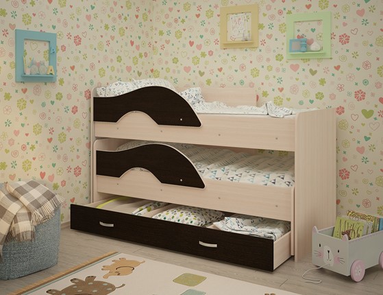 Двухэтажная детская кровать Радуга 1.6 с ящиком, корпус Млечный дуб, фасад Венге в Перми - изображение