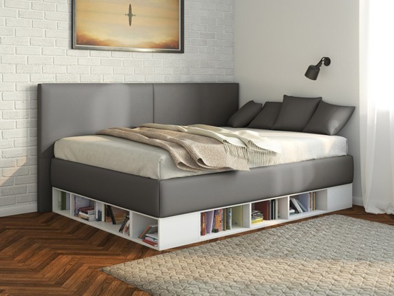 Кровать подростковая Lancaster 1, 120х200, ЛДСП белая, экокожа серая в Перми - изображение