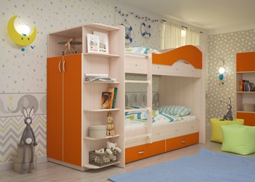 Двухъярусная кровать Мая на щитах со шкафом и ящиками, корпус Млечный дуб, фасад Оранжевый в Кунгуре