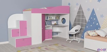Детская кровать-чердак Кадет-1, корпус Белое дерево, фасад Розовый в Чайковском
