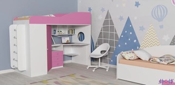 Кровать-чердак детская Ярофф Кадет-1 с металлической лестницей, корпус Белое дерево, фасад Розовый в Перми