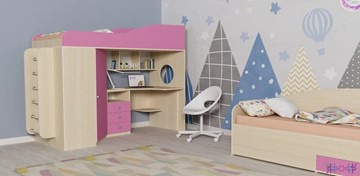 Детская кровать-чердак Кадет-1 с металлической лестницей, корпус Дуб, фасад Розовый в Перми - предосмотр