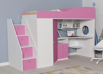 Детская кровать-шкаф Кадет-1 с универсальной лестницей, корпус Белое дерево, фасад Розовый в Перми
