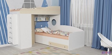 Детская кровать-чердак Кадет-2 с металлической лестницей, корпус Белое дерево, фасад Дуб в Перми - предосмотр