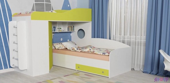 Детская кровать-чердак Кадет-2 с металлической лестницей, корпус Белое дерево, фасад Лайм в Перми - изображение