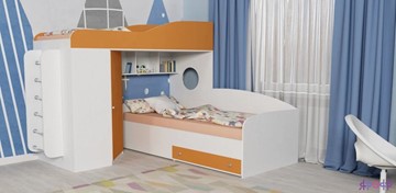 Детская кровать-шкаф Кадет-2 с металлической лестницей, корпус Белое дерево, фасад Оранжевый в Перми