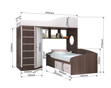 Детская кровать-чердак Кадет-2 с металлической лестницей, корпус Дуб, фасад Белое дерево в Перми - предосмотр 1