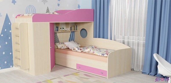 Детская кровать-чердак Кадет-2 с металлической лестницей, корпус Дуб, фасад Розовый в Перми - изображение