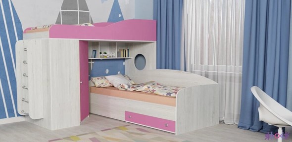 Детская кровать-чердак Кадет-2 с металлической лестницей, корпус Винтерберг, фасад Розовый в Перми - изображение