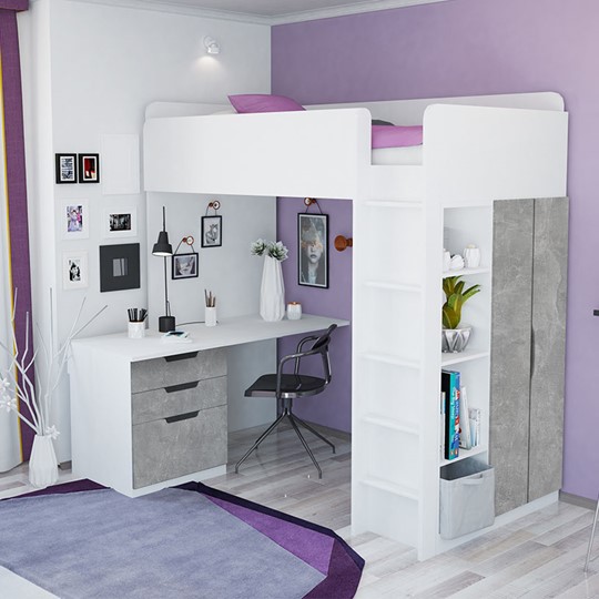 Кровать 2-х ярусная с письменным столом и шкафом POLINI Kids Simple Белый / Бетон в Соликамске - изображение 1