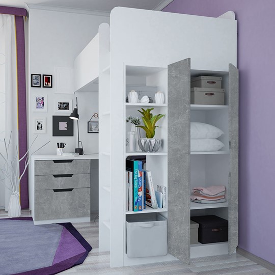 Кровать 2-х ярусная с письменным столом и шкафом POLINI Kids Simple Белый / Бетон в Перми - изображение 2