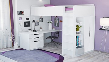 Кровать 2-х ярусная с письменным столом и шкафом POLINI Kids Simple Белый в Перми - предосмотр 1