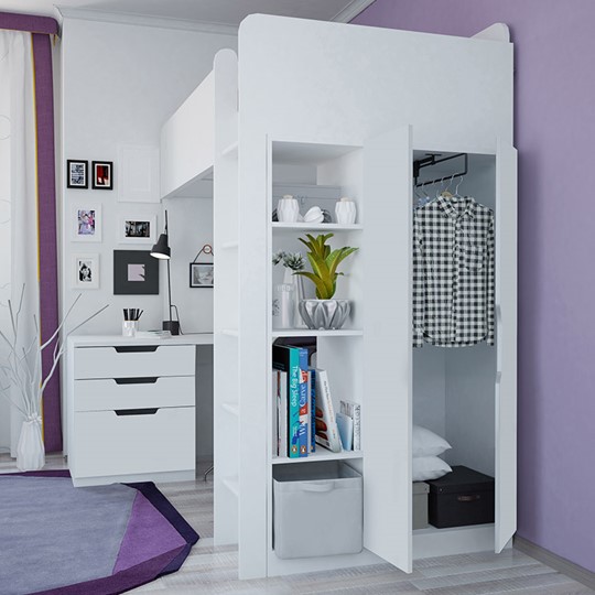 Кровать 2-х ярусная с письменным столом и шкафом POLINI Kids Simple Белый в Перми - изображение 3