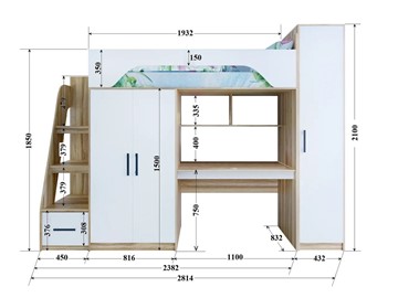 Кровать-чердак с шкафом Тея, каркас Винтерберг, фасад Амарант в Перми - предосмотр 1