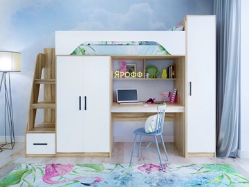 Детская кровать-чердак с шкафом Тея, каркас Ясень, фасад Белый в Перми