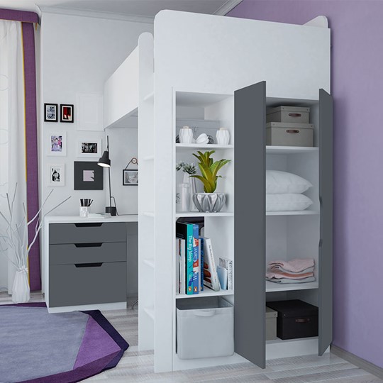 Кровать детская с письменным столом и шкафом POLINI Kids Simple Белый / Серый в Перми - изображение 1