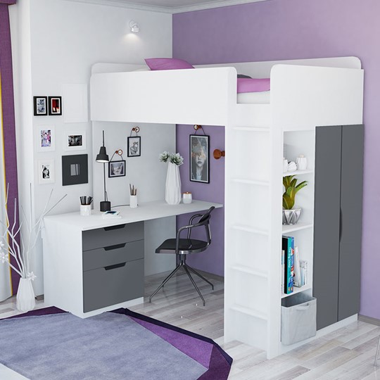 Кровать детская с письменным столом и шкафом POLINI Kids Simple Белый / Серый в Перми - изображение 3