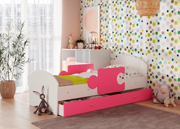 Кровать детская с бортиками и ящиком Мозайка, корпус Белый/фасад Розовый (ламели) в Перми