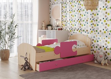 Детская кровать с ящиком и бортиками Мозайка, корпус Млечный дуб/фасад Розовый (ламели) в Перми