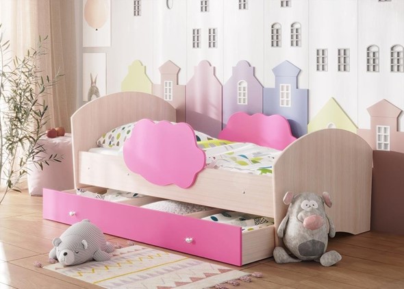 Детская кровать Тучка с ящиком, корпус Дуб млечный, фасад Розовый в Перми - изображение