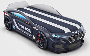 Кровать-машина Romeo-М Police + подсветка фар, ящик, матрас, Черный в Перми