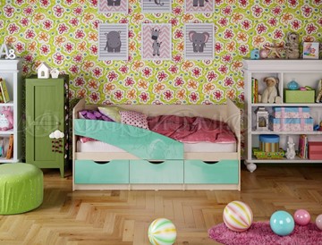 Кровать в детскую Бабочки 800*1600, Бирюза глянец в Березниках